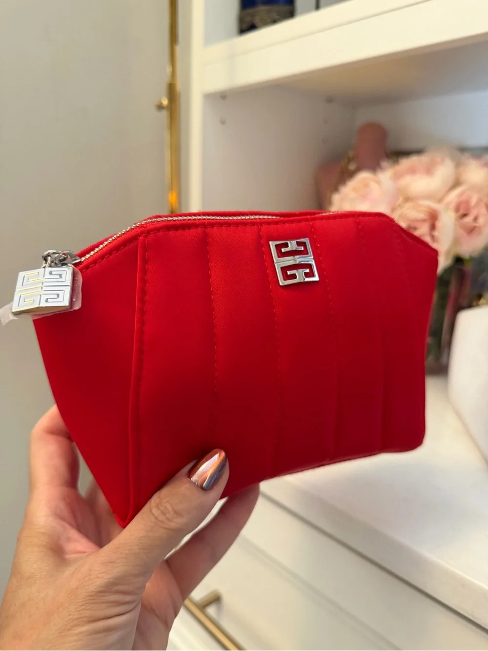 Red Quilted givenchy perfumes nwot Cosmetic zipper Pouch with Silver Logo